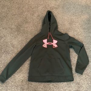 Hunter green Dri Fit Under Armour hoodie with pink real tree logo